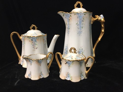 (4 Piece) 1984 Handpainted France(?) CHOCOLATE/TEA SET with Soft Blue - Picture 2 of 12