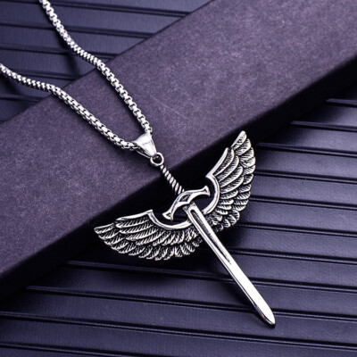 Mens Archangel Michael Angel Wing Sword Necklace Pendant
