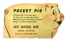 Vintage Banthrico Pocket Pig Savings Coin Holder First National Bank Cushing OK