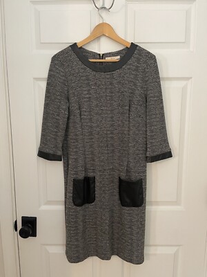 Fen-Ka Brand European 42 US M Black White Shift Dress Faux Leather Trim