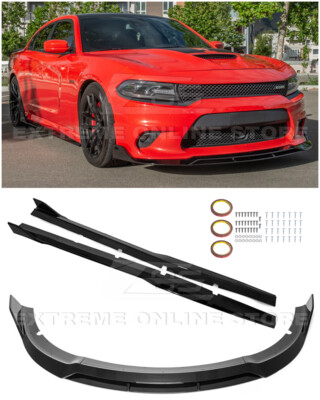 For 15-Up Dodge Charger SRT Track GLOSSY BLACK Front Lip Splitter & Side Skirts