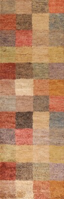 Checked Contemporary Moroccan Oriental Runner Rug 2' 7'' x 9' 9'' Hand-made Carpet