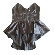 Prettylittlething black satin corset bandeau peplum waist long top US size 6