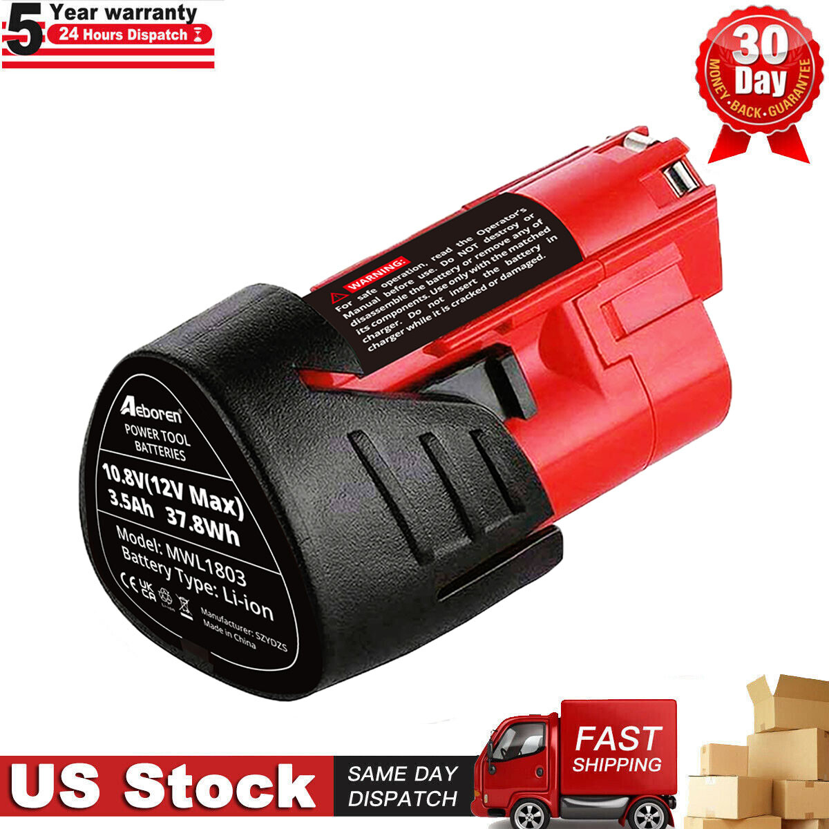 10.8V Milwaukee 48-11-2425 M12 12V Max Li-Ion 3.5Ah Battery Pack