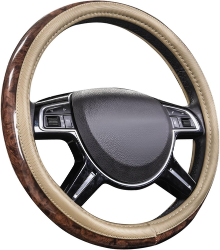 Wood Grain Microfiber Leather Steering Wheel Cover, Universal Fit For