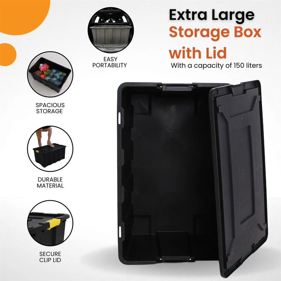 Extra Large Storage Box with Lid 150L - Heavy Duty Black Plastic Container - Image 2 of 4