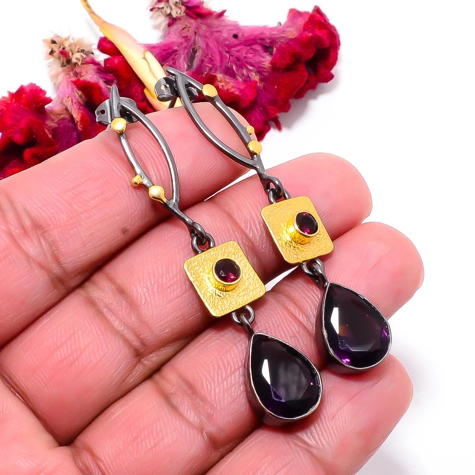 Pendiente amatista púrpura plata de ley 925 negro y oro rodio 2,34" Sku40 Foto 4 de 4
