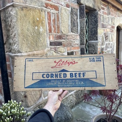 Libbys Corned Beef Werbung Kiste Seitenschild Argentinien Holztafel Männerhöhle