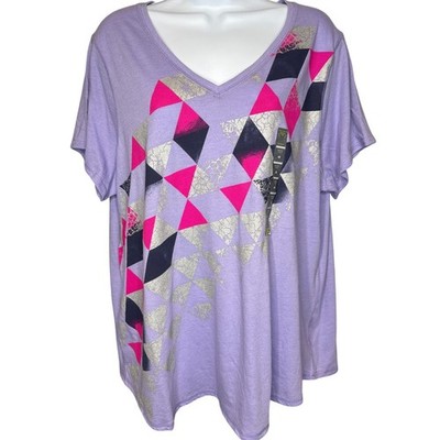 NWT Tek Gear DryTek Womens Purple Geometric V-Neck Short Sleeve T-Shirt 1X Gym