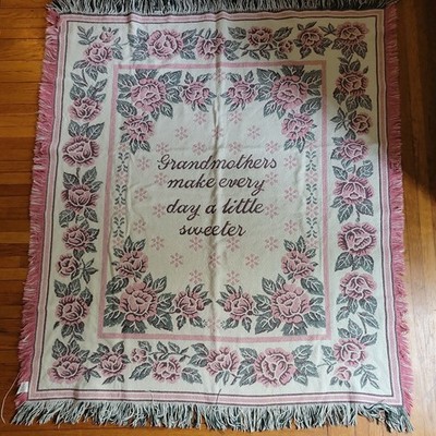 Vintage Style Grandma Woven Afghan Throw Blanket Cotton 56x48 Country Roses