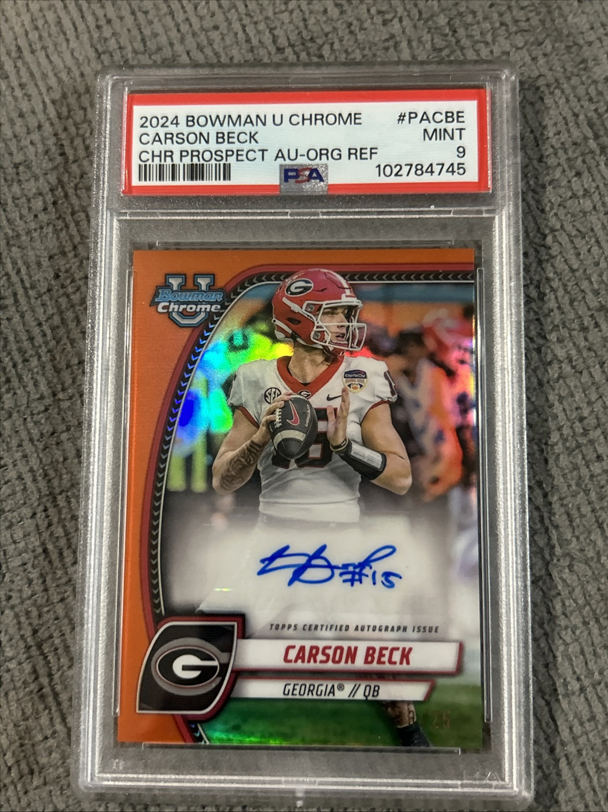 2024 Bowman Chrome U Carson Beck Orange Refractor Auto #’d /25 SP PSA 9