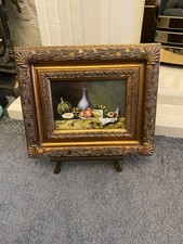 Ornate On Board Gold Gilt Framed Still Life Oil Painting Of Fruit And Wine.