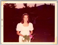 Vtg Color Snapshot Young Woman In White Dress Holding Bouquet Outdoors 1973