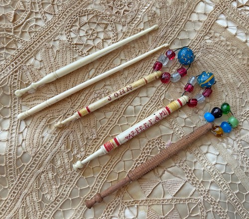 3 Antique 19th C English Turned Bone Lace Making Bobbins Names 2 Crochet Hooks