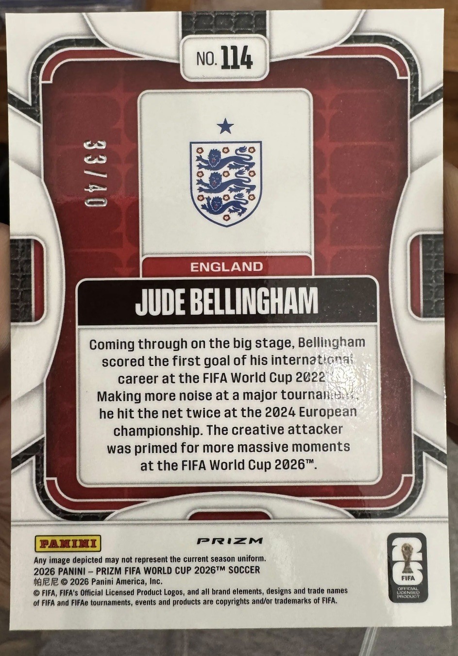 2026 Panini Prizm FIFA World Cup Blue Prizm 33/40 Jude Bellingham #114 view 2
