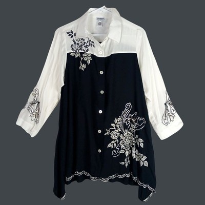 Usindo Beaded Floral Tunic Shirt Womens S Oversized Black White Artsy Eclectic