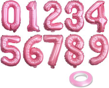  10 16" Number Pink Foil Balloons 0-9 Set, Mylar Aluminum Hanging Numbers for V
