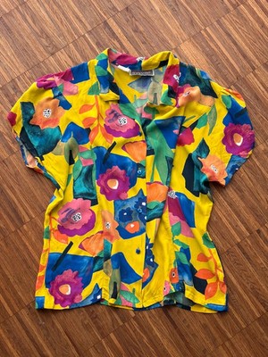 Vintage Retro Y2K Damen Bluse Hemd Top Zustand M Kurzarm Gelb Mehrfarbig
