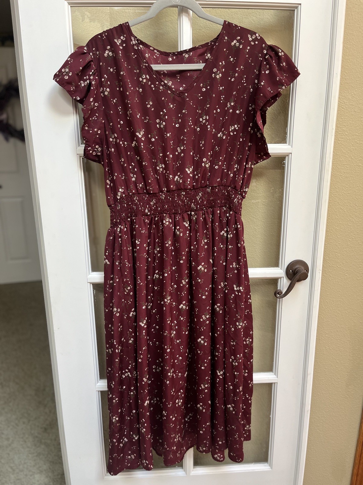 Women’s Mid Length Cap Sleeve V Neck Floral Maroon Dress XXL