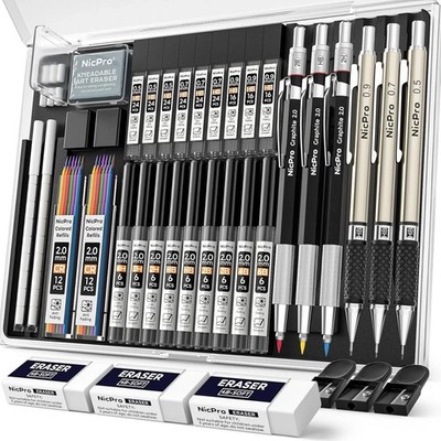 Nicpro 35PCS Art Mechanical Pencil Set, 3 PCS Metal Drafting Pencil 0.5 mm & 0.7