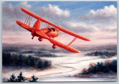 Waco YMF-5 biplane flying - snow-covered landscape- trees art Postcard art