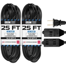 25 Ft Black Extension Cord 2 Pack 16/2 Durable Electrical Cable