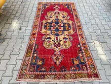 Vintage Turkish Large Area Rug 4.2x8.5 ft Hand Knotted Wool Red Medallion Carpet