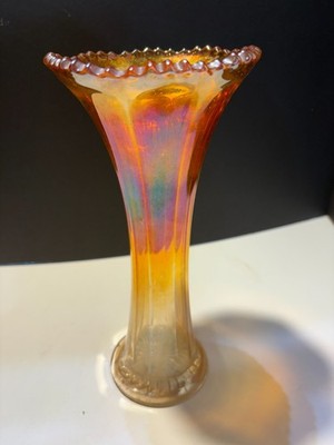 10'' Marigold Carnival Glass Swung irridescent Vase-Fluted Apricot Peach