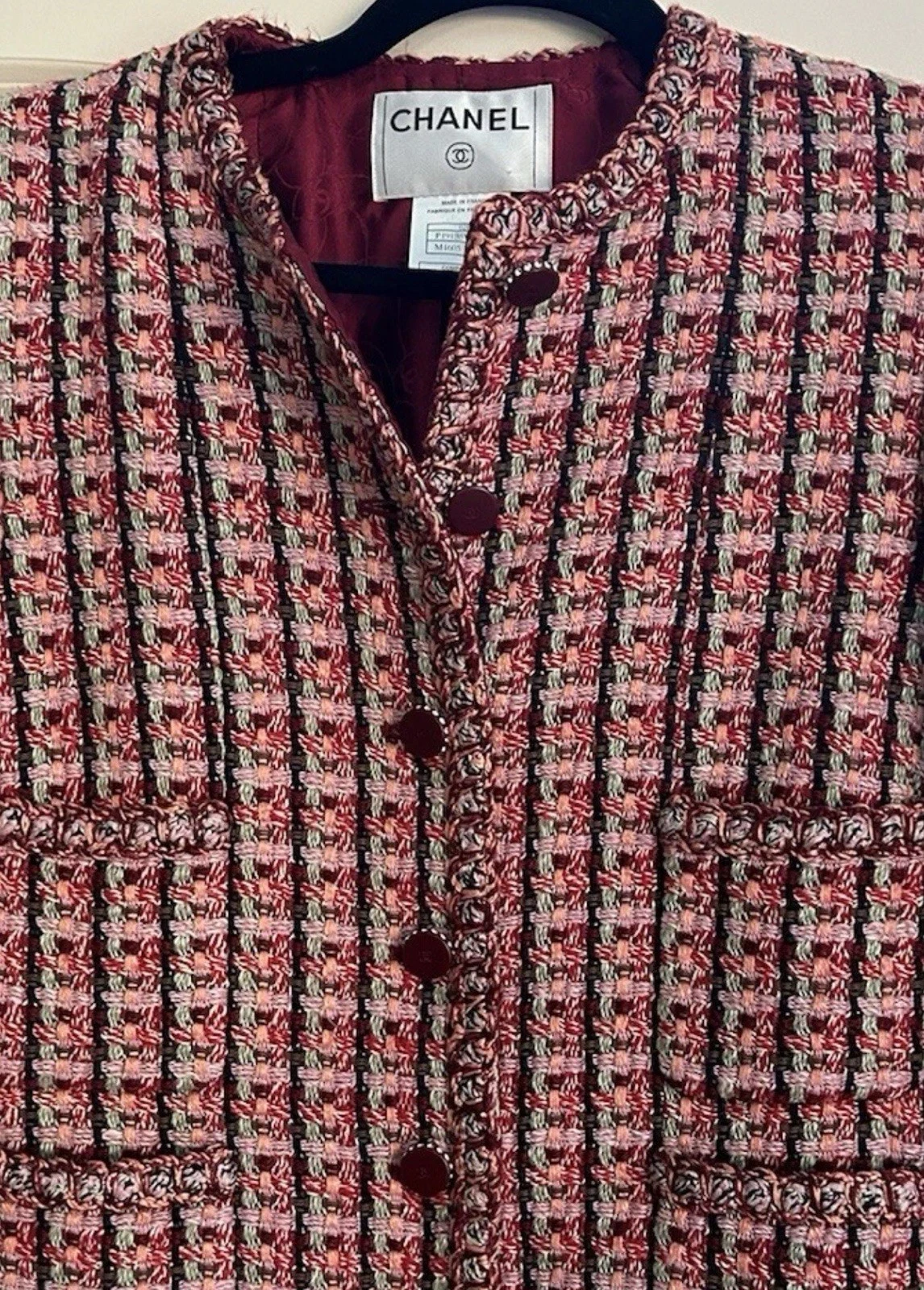 CHANEL GIACCA TWEED FANTASIA rosso rosa verde cristallo CC Boucle taglia 38
