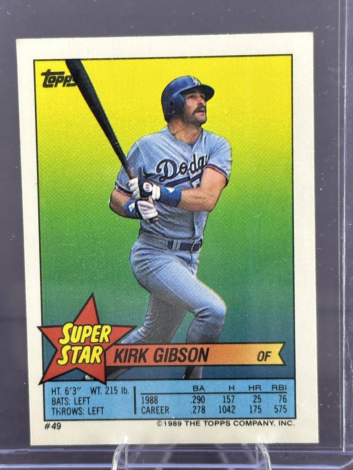 1989 Topps Stickers #49 Kirk Gibson Super Star Backs Los Angeles Dodgers