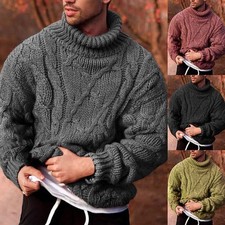 Mens High Neck Plain Jumper Cable Knit Tops Pullover Warm Thick Sweater