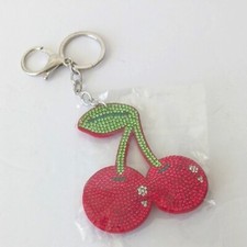 Sparkling Rhinestones Red and Green Cherry Keychain Handbag Charm