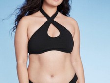 Women  s Wild Fable Cross Front Textured Bikini Top Black L