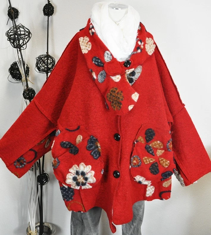 LUNA ITALY 100% WOLLE BLAZER JACKE CARDIGAN CHIC LAGENLOOK FLOWERS ROT UNI - Bild 1 von 1