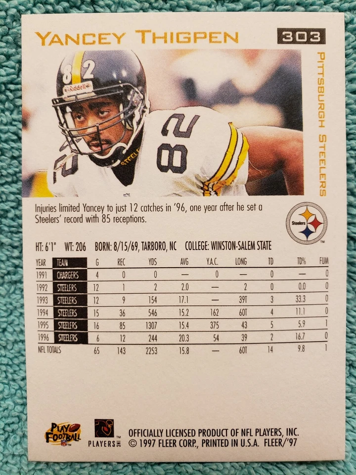 1997 FLEER YANCEY THIGPEN #303 PITTSBURGH STEELERS  - Image 4 of 4