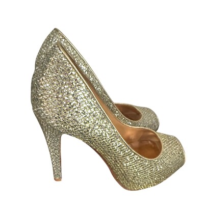Badgley Mischka Humbie Gold Glitter Peep Toe High Heels 7.5M
