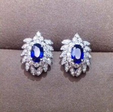 2Ct lab created Sapphire Push Back Flower Stud Earrings 14K White Gold Finish