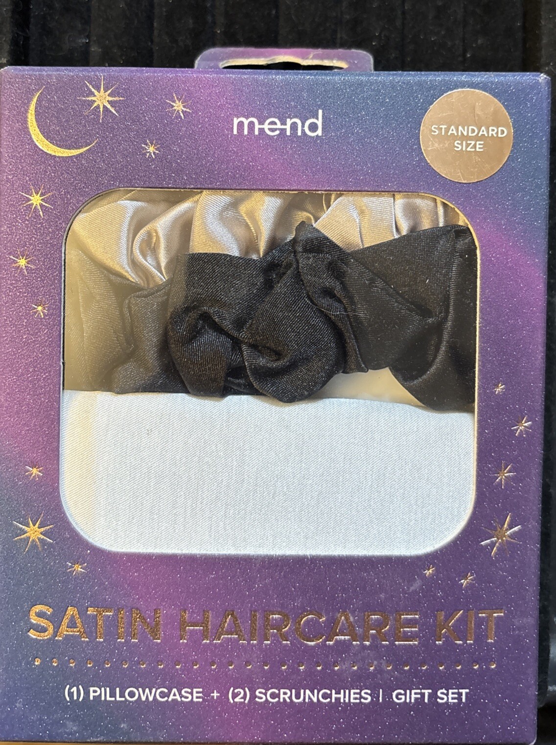 Mend Satin Luxe Haircare Kit Standard Pillowcase 2 Scrunchies Black Silver NEW