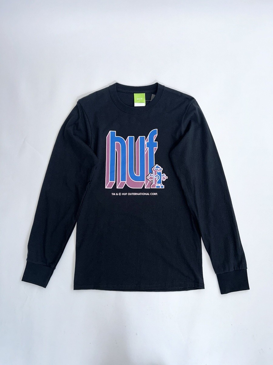 HUF Worldwide Men’s T Shirt Long Sleeved Black Size Small Cotton Bookend  Tee New