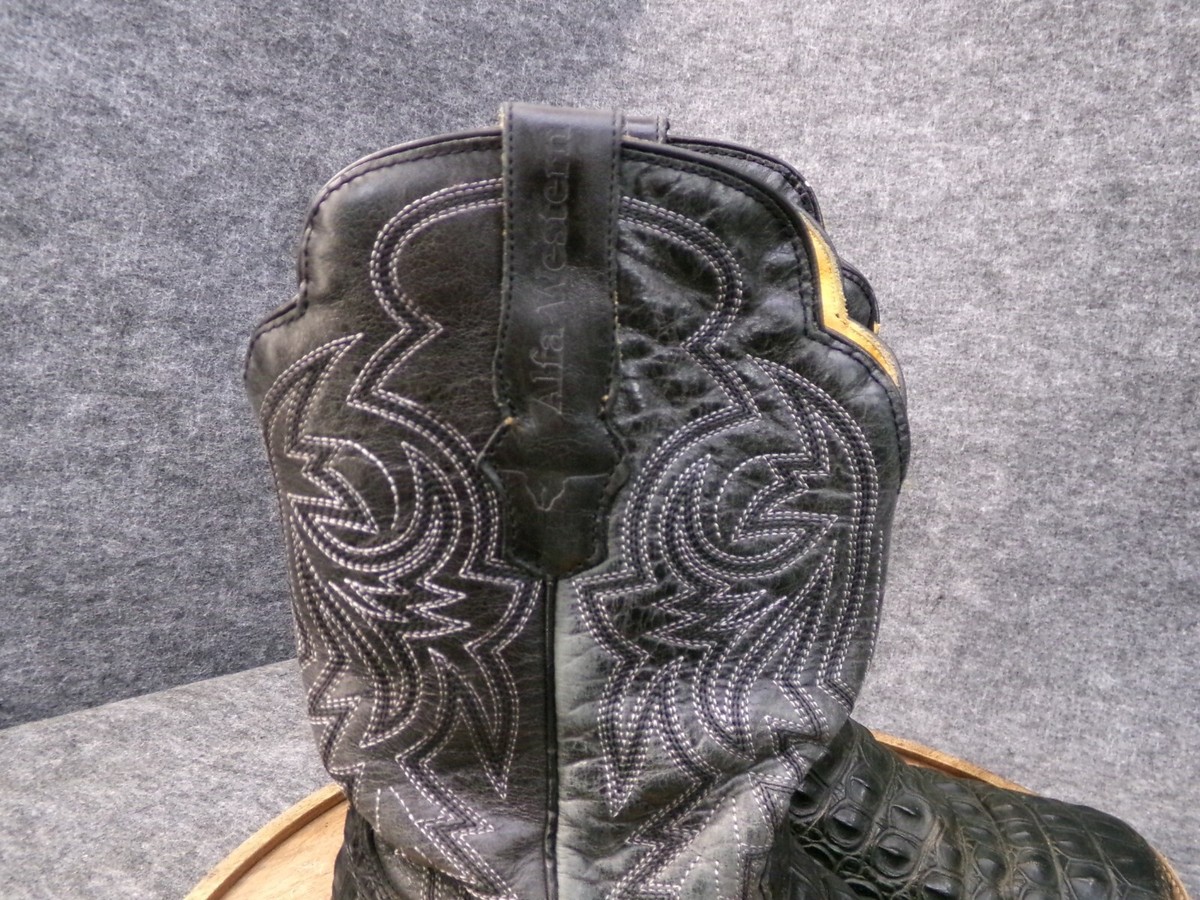 Alfa Western Wear Caiman Horn Black Leather Cowboy Boots 