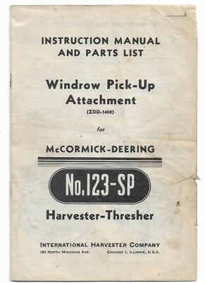 McCormick Deering 123SP Windrow Pickup Attachment Instructions and Parts List 