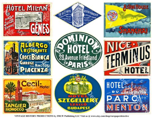 Travel Luggage Labels, 2 Sticker Sheets, Retro Hotel Decal, Vintage REPRODUCTION - Afbeelding 1 van 3