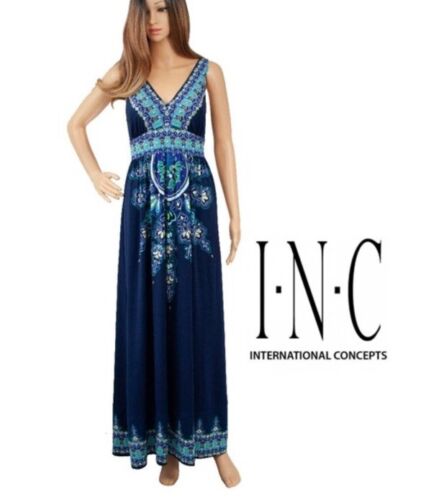 INC Concepts Blue Paisley V Neck Studded Stretch Boho Beach Resort Maxi Dress Lg