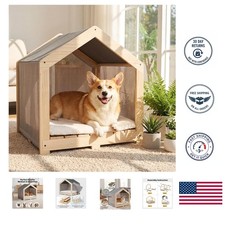 Elevated Pine Wood Dog House with Breathable Mesh   Comfort for Dogs Up to 70lbs