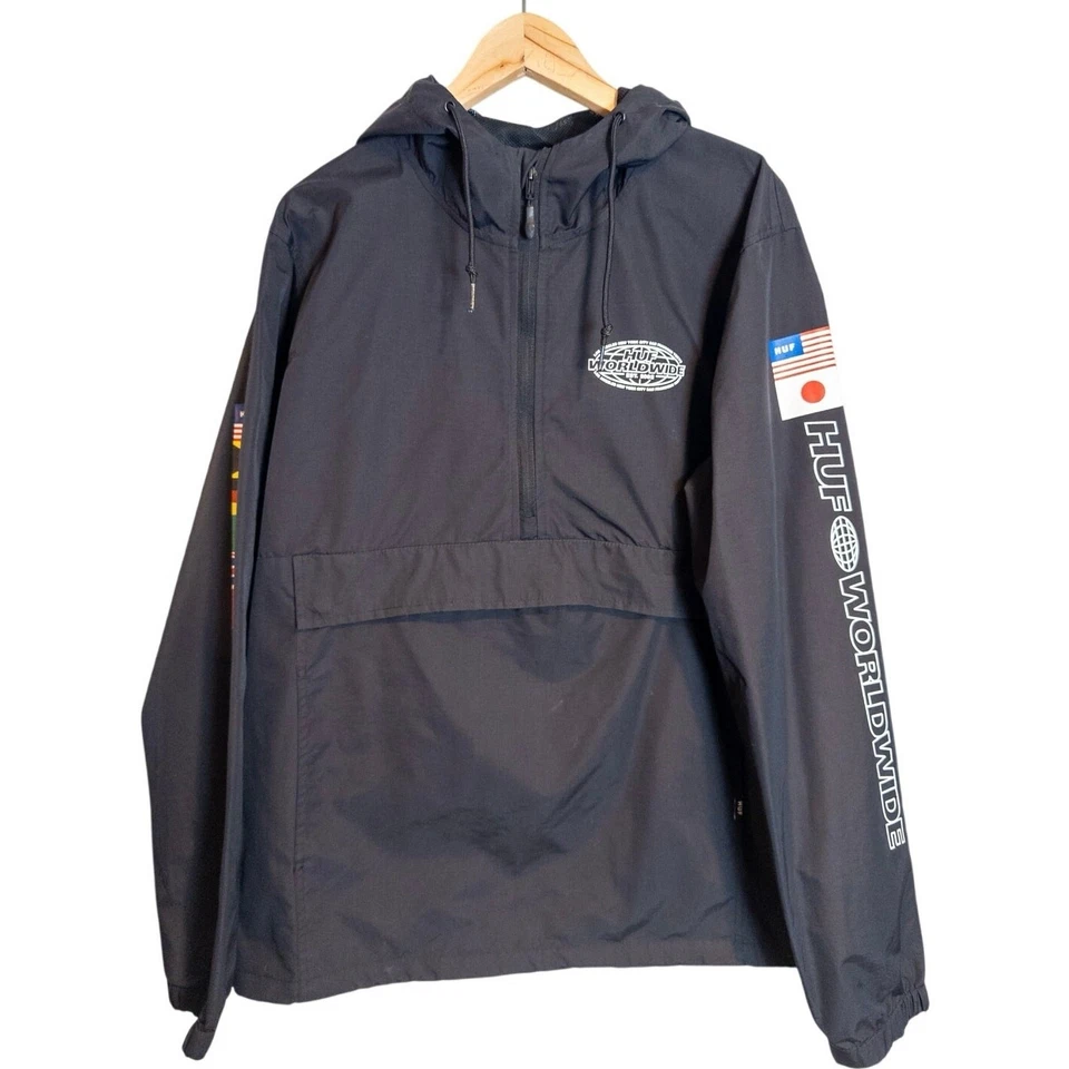 Chaqueta cortavientos HUF Worldwide Flag Anorak negra media cremallera ropa de calle grande  Foto 4 de 4