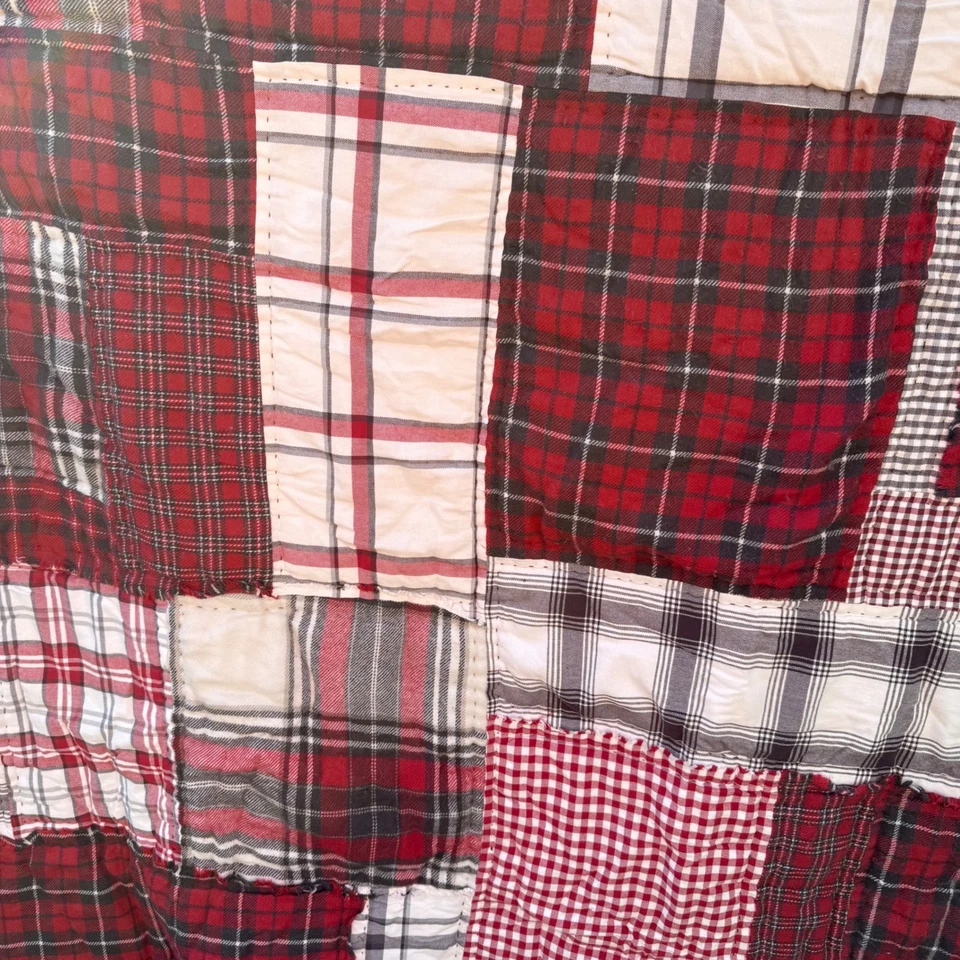 Pottery Barn Cozy Plaid Patchwork King Quilt 85 x 78 Flannel Blanket Red Cream - Image 4 of 4