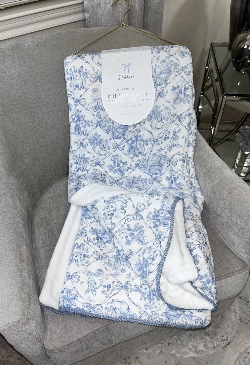 1-NWT Delphine Coquette Bow Blue Toile Easter Bunny Reversible Fur