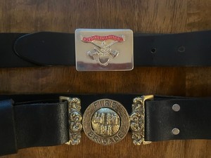 2 Dublin Fire Brigade leather belts and buckles, very good cond.,  size 37, 38