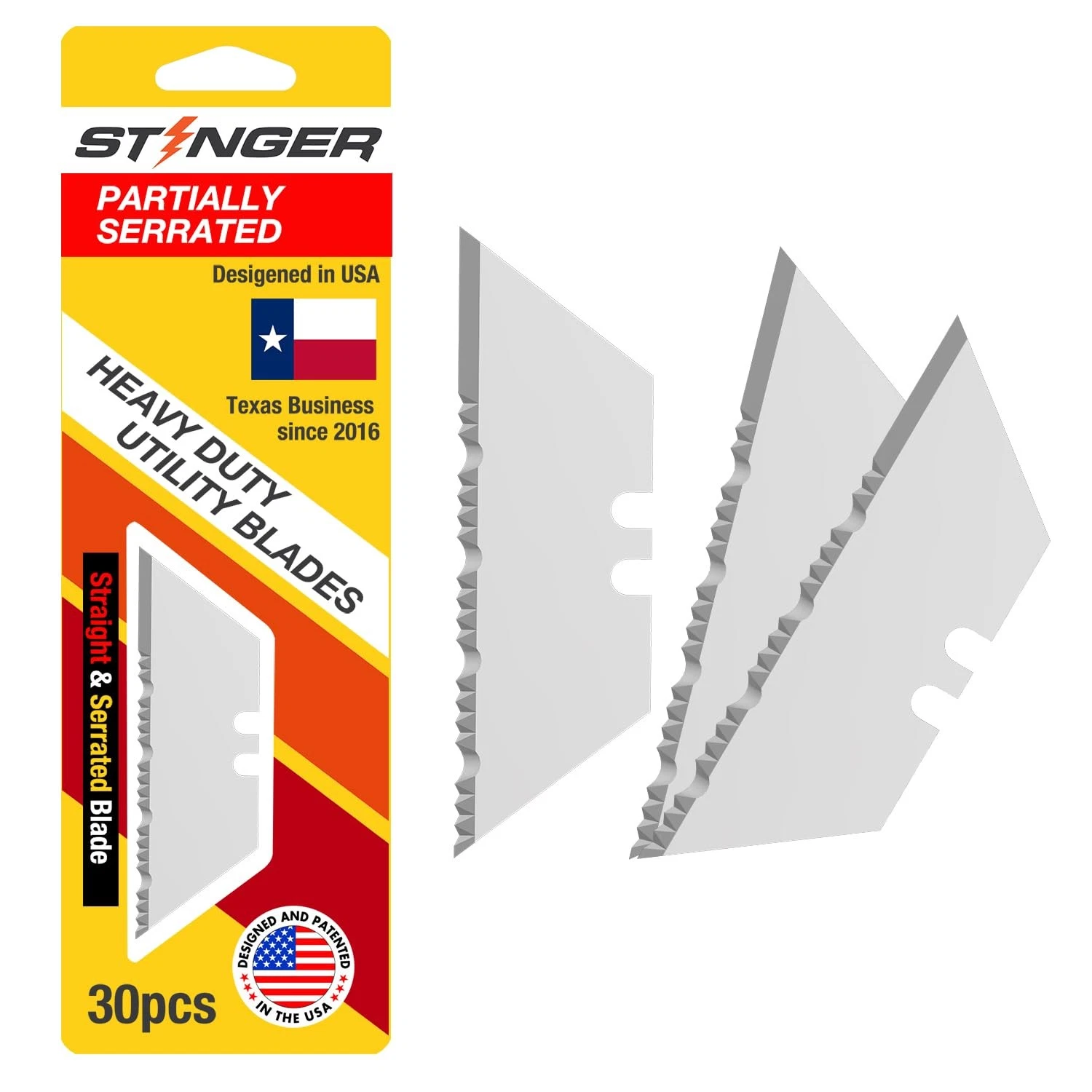 Stinger Partially Serrated Utility Blades, 30-Pack with Plastic Case, Silver
