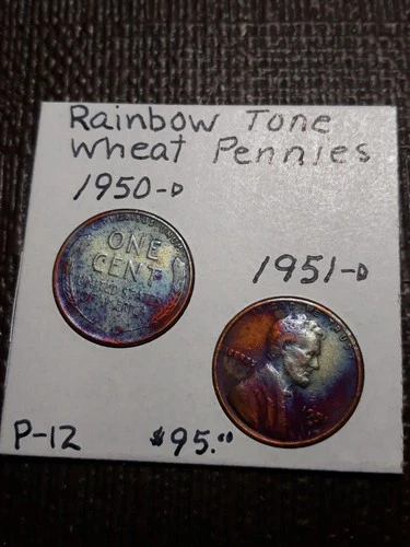 Rainbow Toned  Colors  2 - Wheat Penny   1950 -D / 1951 -D      P-12
